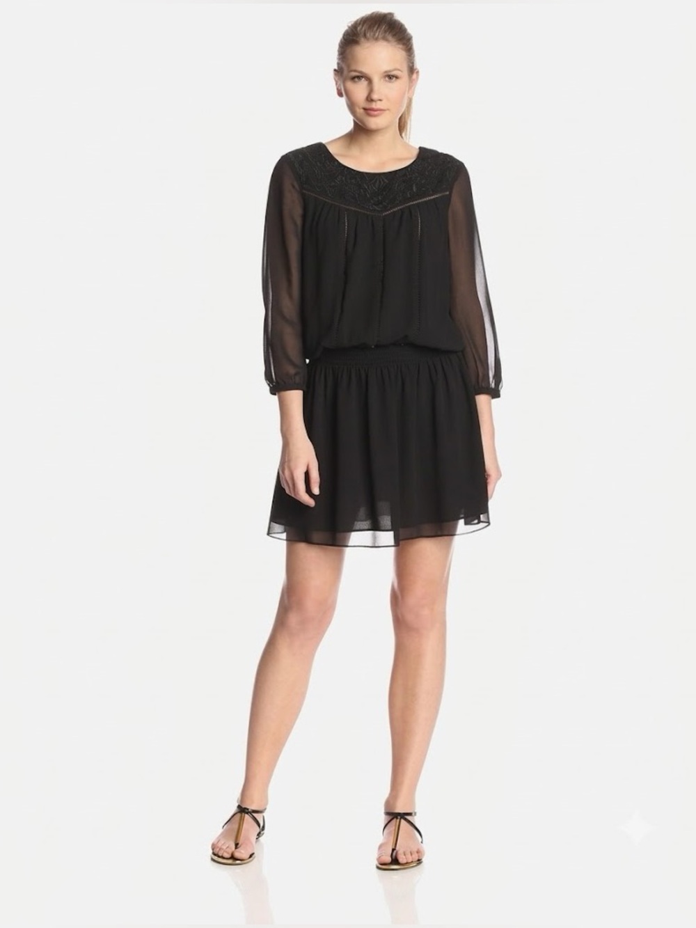 Sam Edelman Black Embroidered Yoke Sheer Sleeve Drop Waist Mini Dress LBD Medium